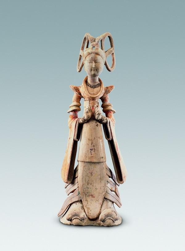 希少・時代物】中国 陶器 人形 加彩舞妓俑 双環髻女子 唐時代 女