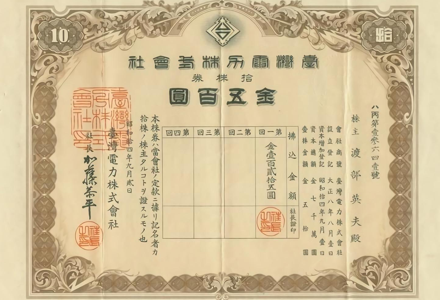 古い株券　台湾電力株式会社　歴史資料 202670c061c34b9e99cfb7be7a9462