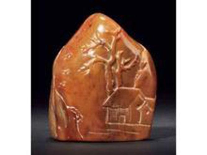 寿山石 鹿目格石 鹿目田 細工彫『仙人図』印材 文字掘り込みなし 寿山石 鹿目格石 鹿目田 細工彫『仙人図』印材 文字掘り込みなし