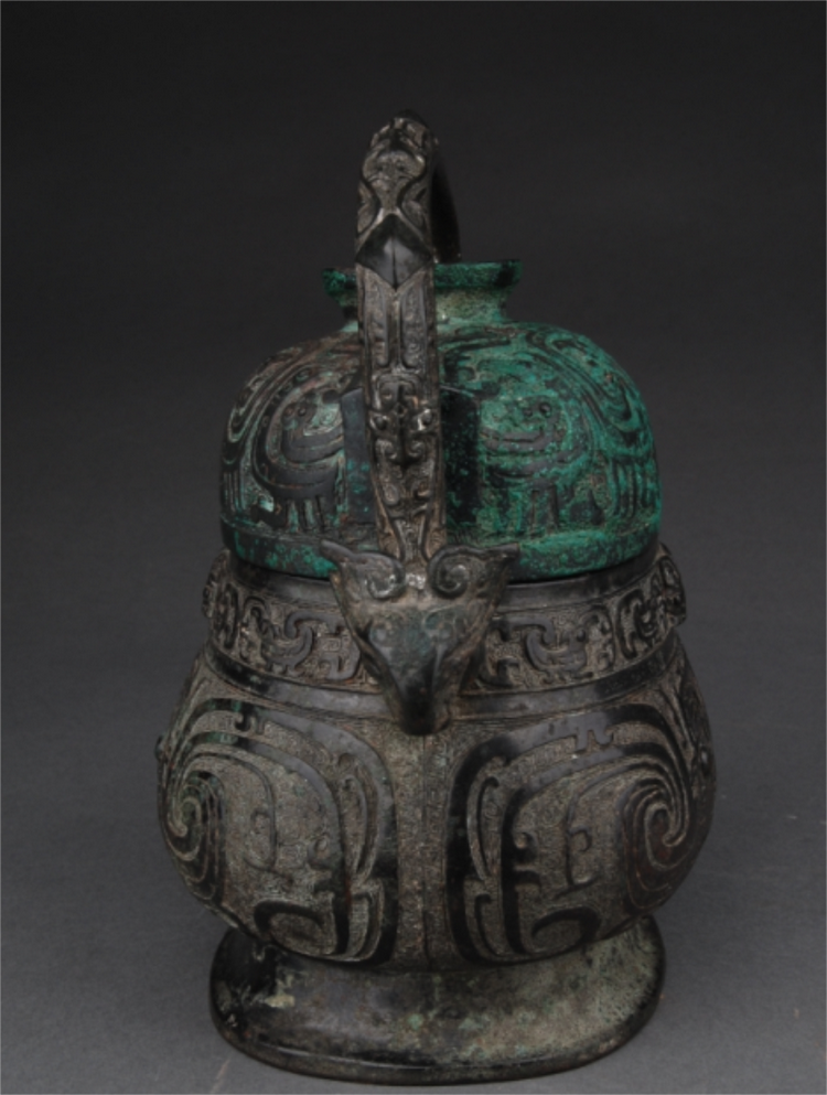 TEL 中国古銅宣徳銅斑紫銅饕餮文尊式瓶 唐木台時代箱付 D R7208E 中国