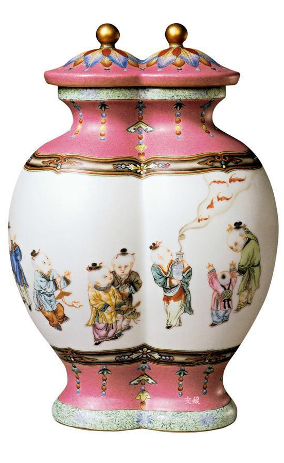 中国古美術/清清代時代珐瑯彩嬰戲紋雙聯蓋瓶/景德鎮製。 y508