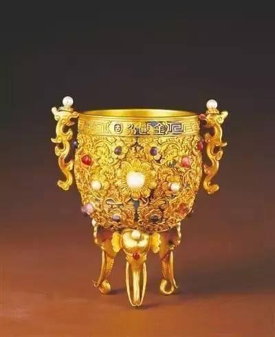 清代 乾隆年制・銅器 收藏 【銅胎金 嵌玉石 江山永固杯 風水置物