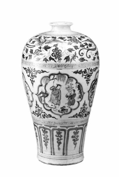 元代青白図梅花瓶 青白磁刻花唐子唐草文梅瓶 文化遺産オンライン